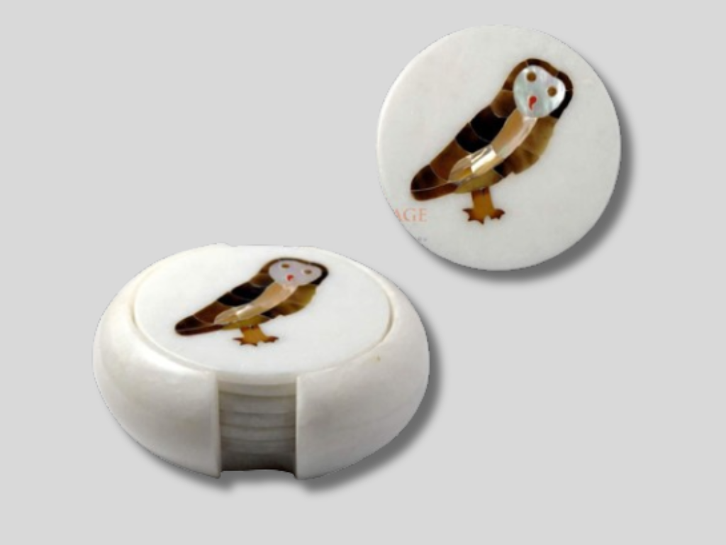 Round Marble Coaster Set Inlaid Owl Floral Home Decor Gifts